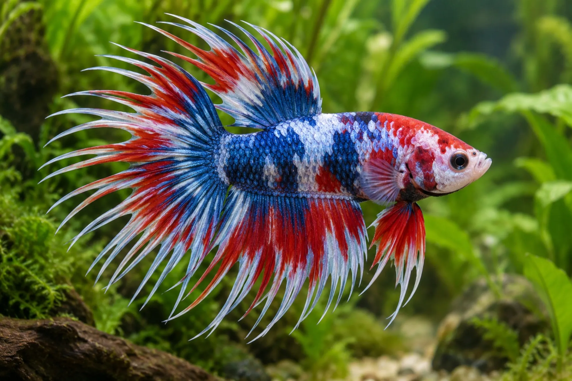 Crowntail-Dragon-Kampffisch im Farbmix, Männchen, Betta splendens