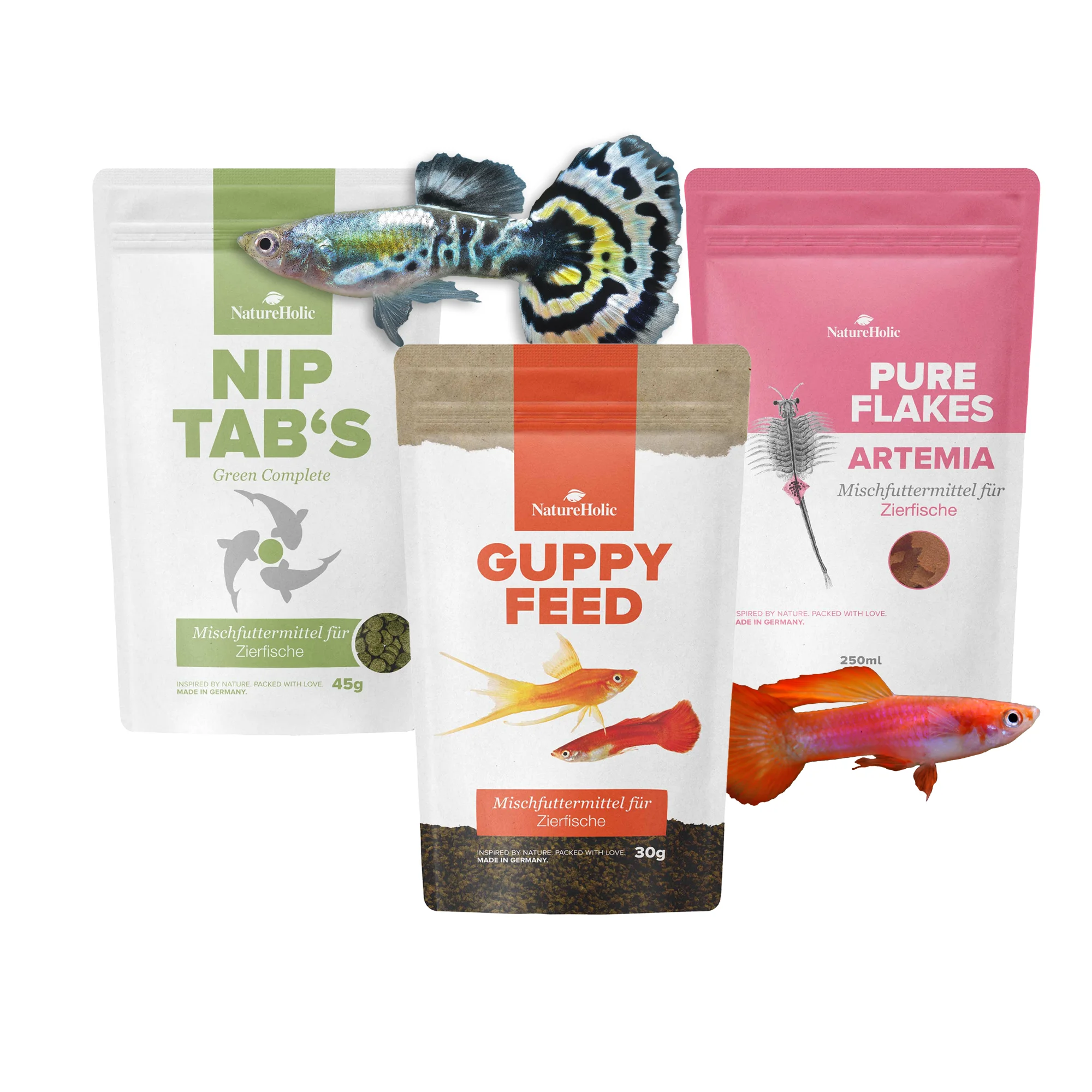 NatureHolic Guppy Futter Bundle, Softgranulat, Flocken & Hafttabletten