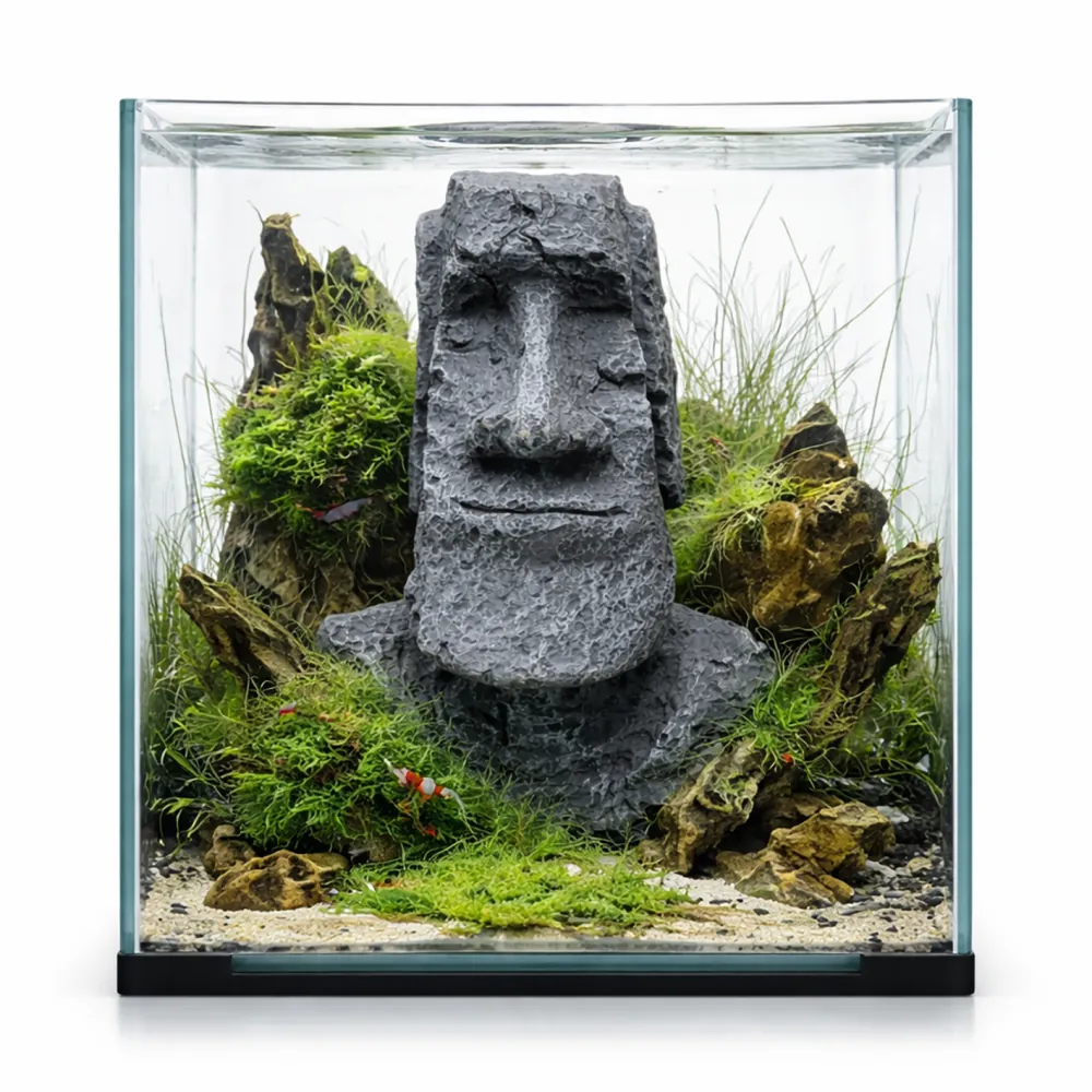 Hobby Moai Ora 1: Polyresin-Moai mit innerer Höhle im Süßwasser-Aquarium, verwitterte Steinoptik als Versteck für Fische, Garnelen und Reptilien, 12,5×11,5×17,5 cm