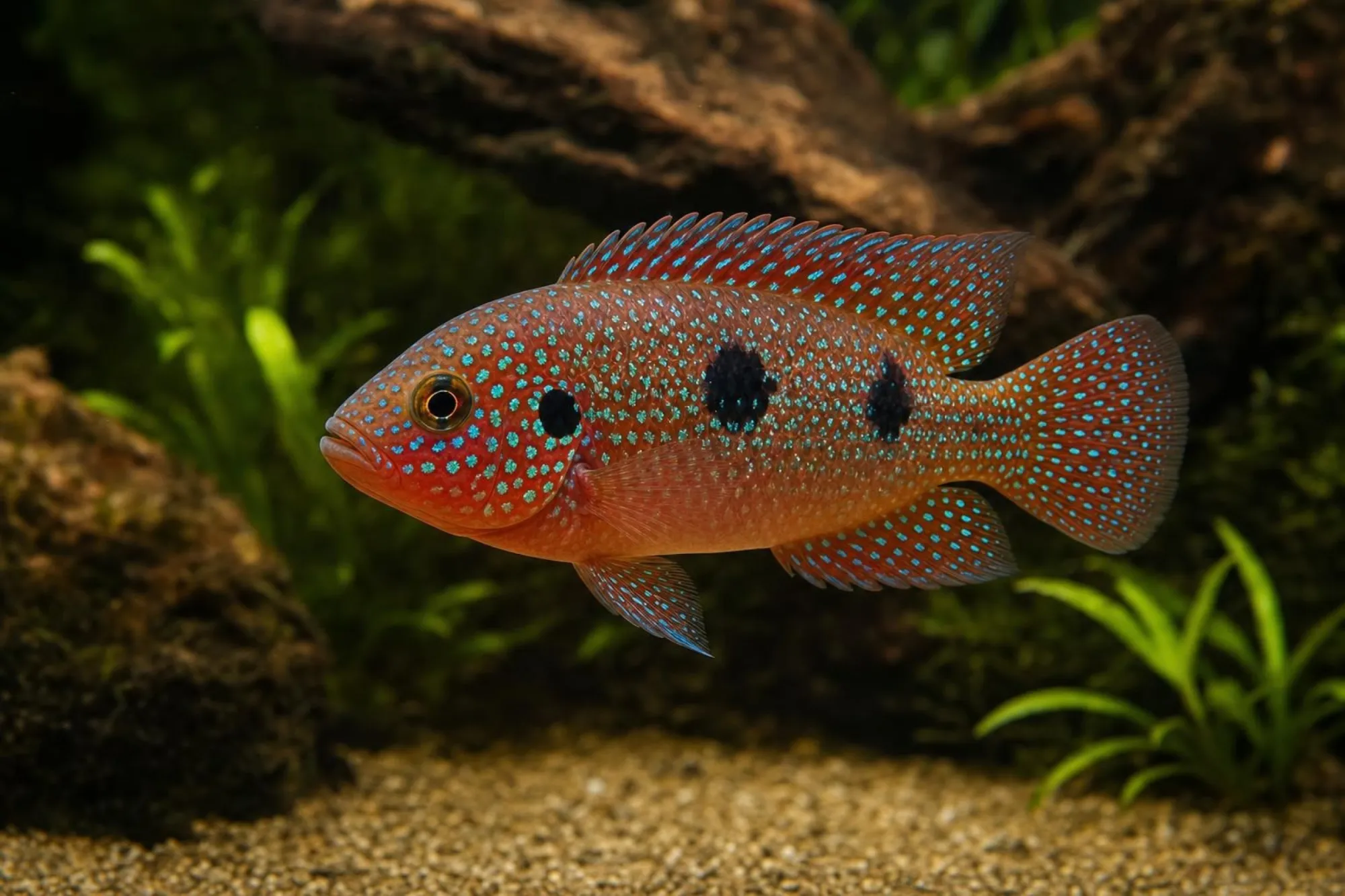 Roter Buntbarsch, Rubricatochromis bimaculatus (Hemichromis bimaculatus)