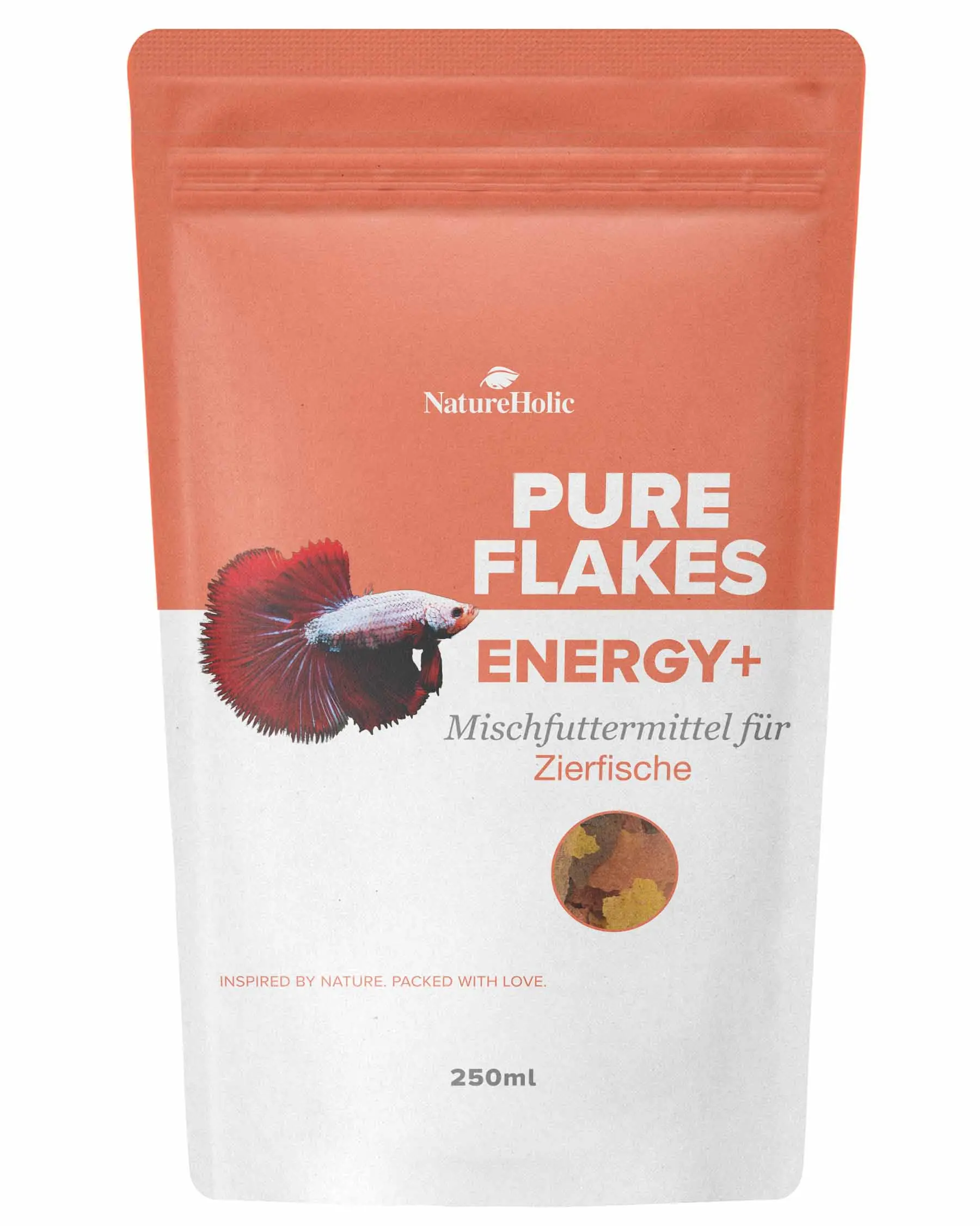Tüte NatureHolic Pure Flakes Energy+ Fischfutter 250 ml, orange-weißes Verpackungsdesign mit Kampffisch-Illustration und rundem Sichtfenster, Flockenfutter für Zierfische