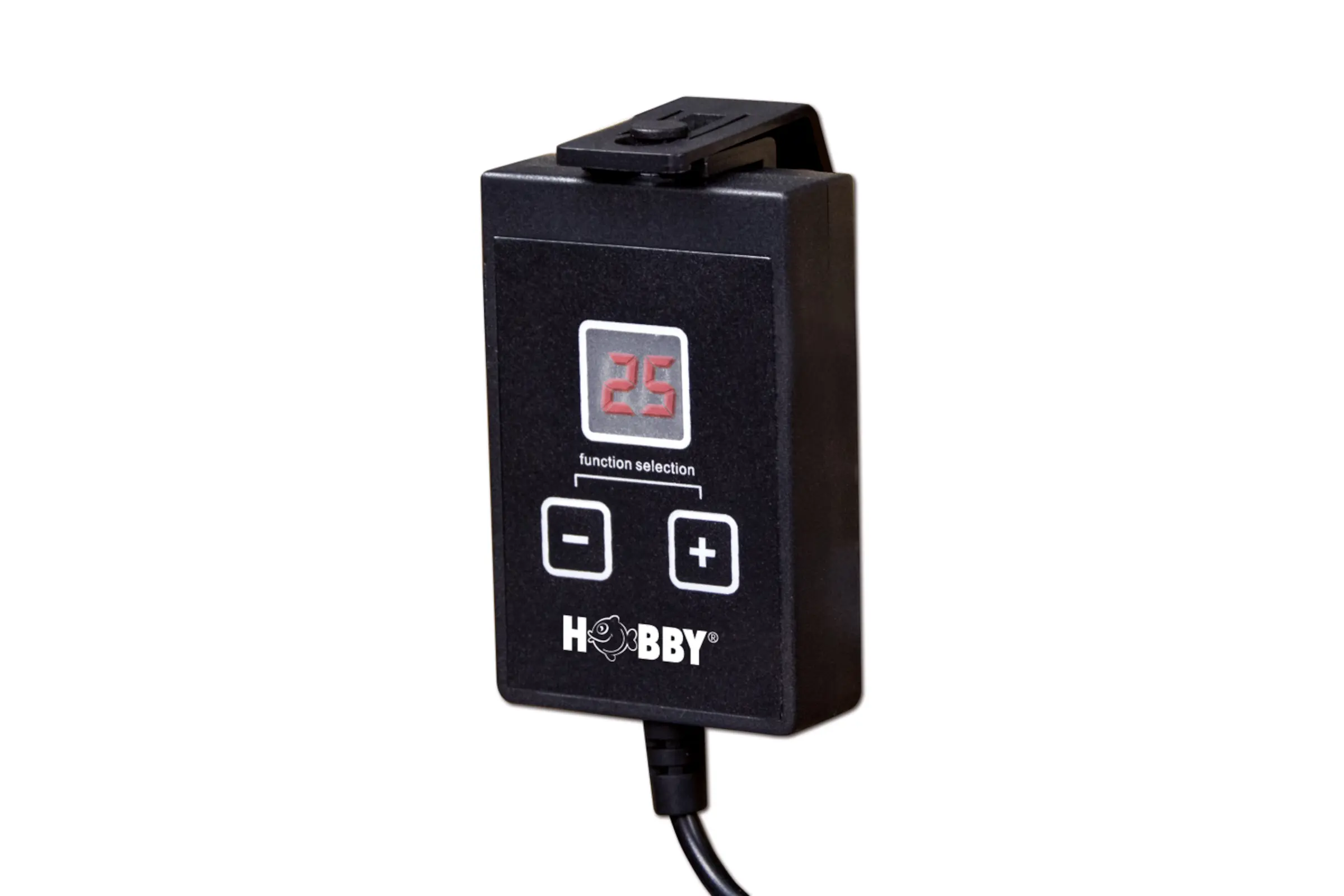 Schwarzer Temperaturregler mit LED-Anzeige und Plus/Minus