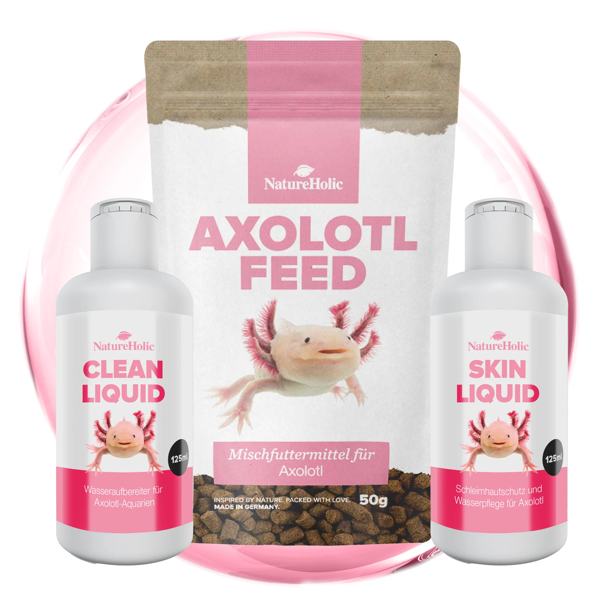 NatureHolic Axolotl Pflege-Set, Wasserpflege, Schleimhautschutz & Spezialfutter