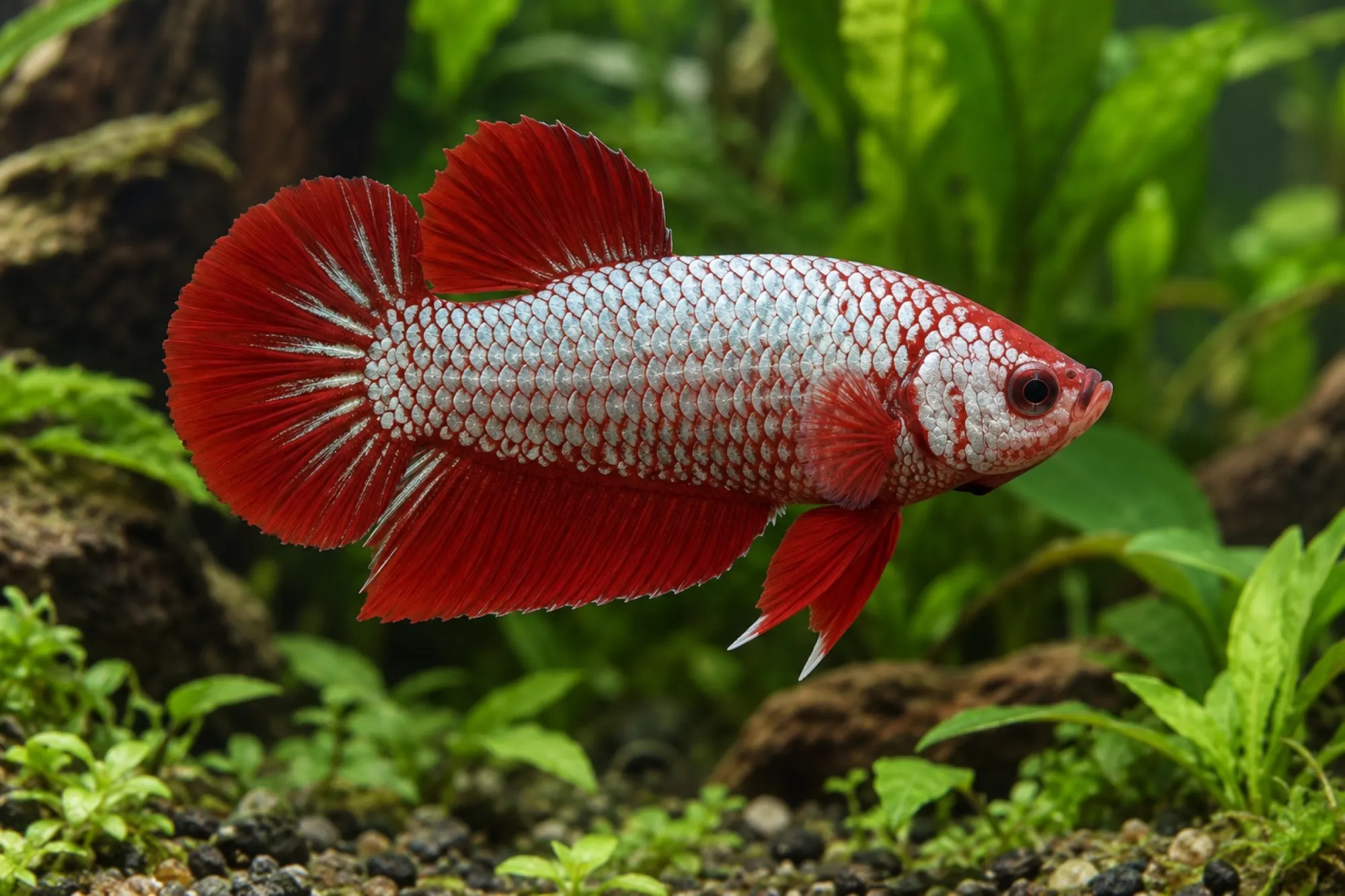 Plakat-Kampffisch „Dragon Red“, Männchen, Betta splendens