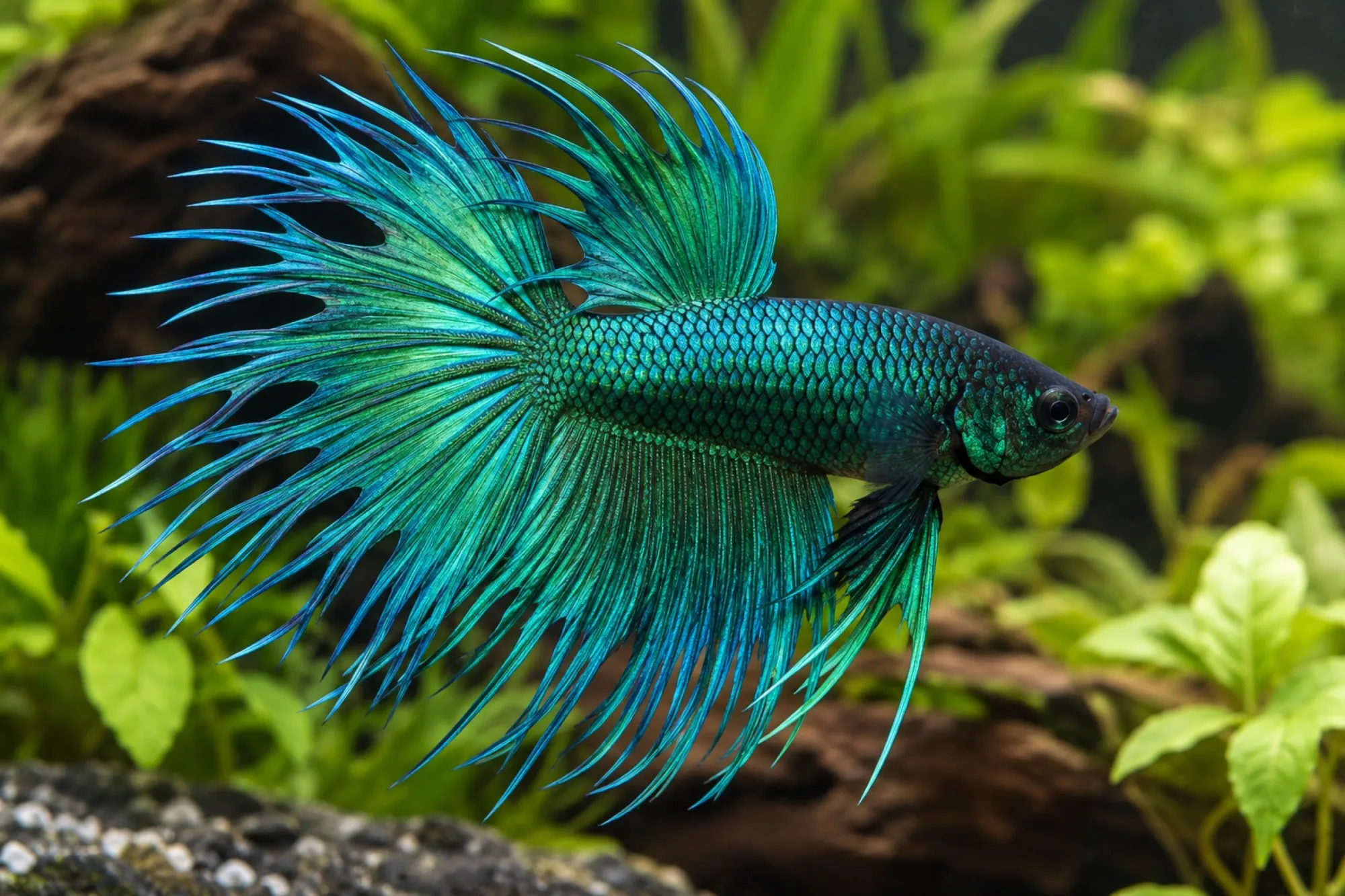Grüner Crowntail-Kampffisch, Männchen, Betta splendens