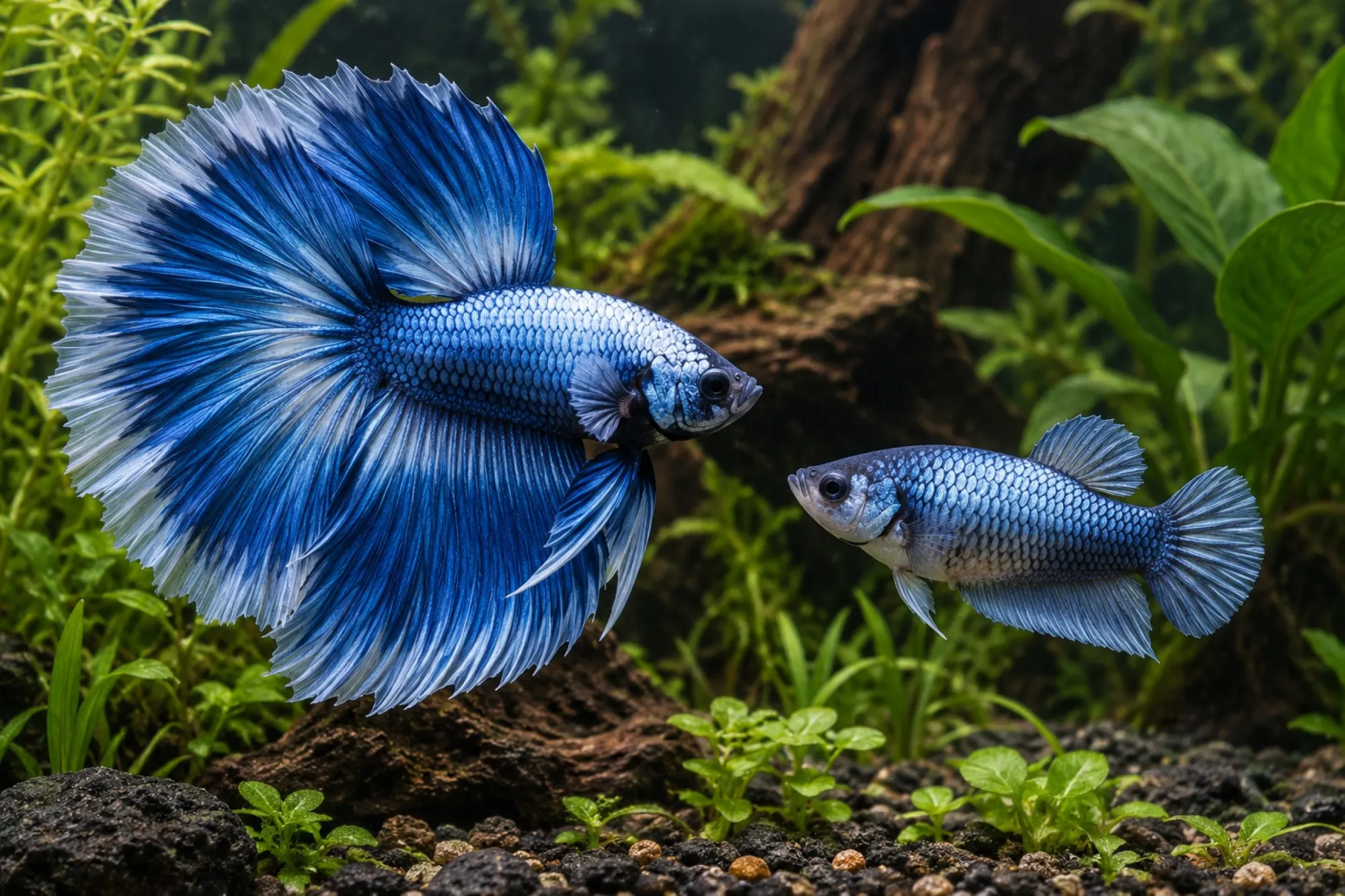 Siamesisches Kampffischpaar „Halfmoon Dragon Blue“, Betta splendens