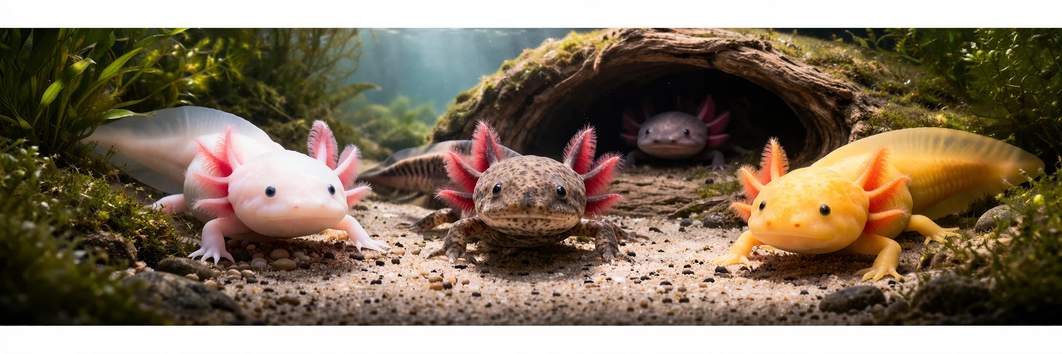 4 Axolotl im Aquarium mit Höhle