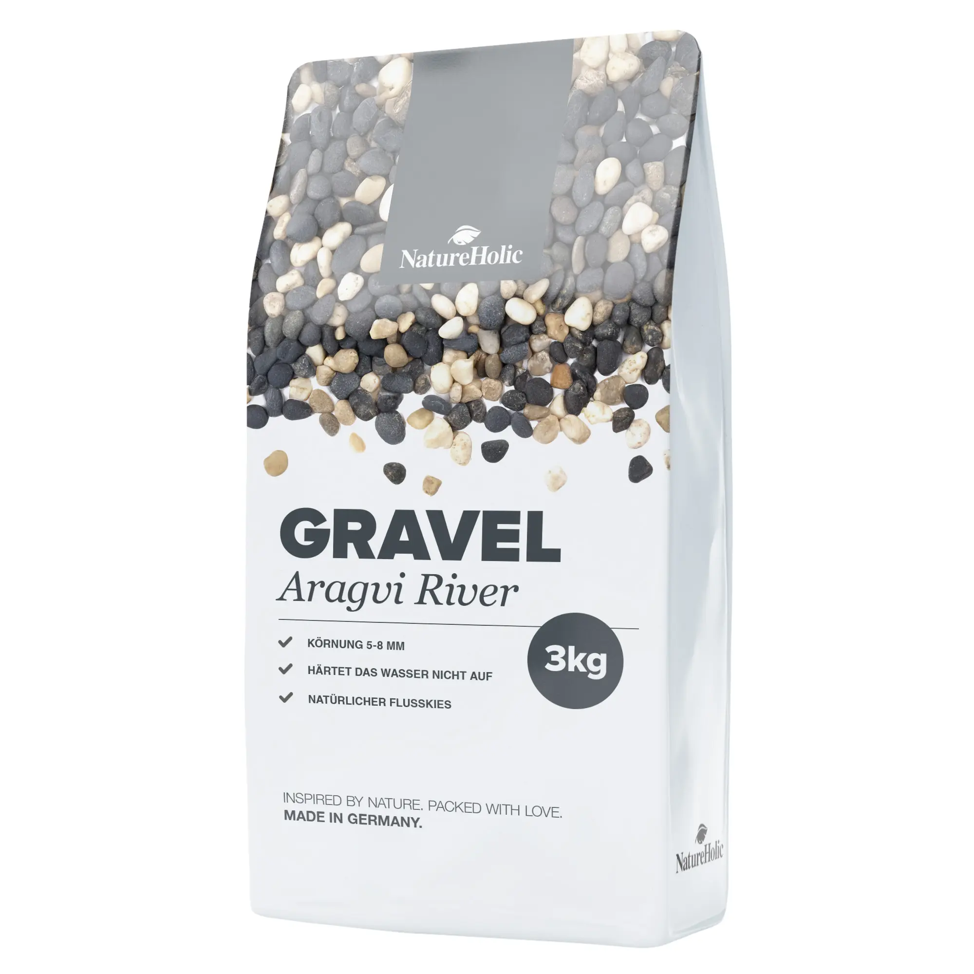 Packung NatureHolic Black & White River Aquarium-Flusskies, 3 kg – kontrastreicher Schwarz‑Weiß‑Flusskies (5–8 mm), wasserneutral, abgerundet und sicher für Bodenfische (Panzerwelse, Dornaugen)