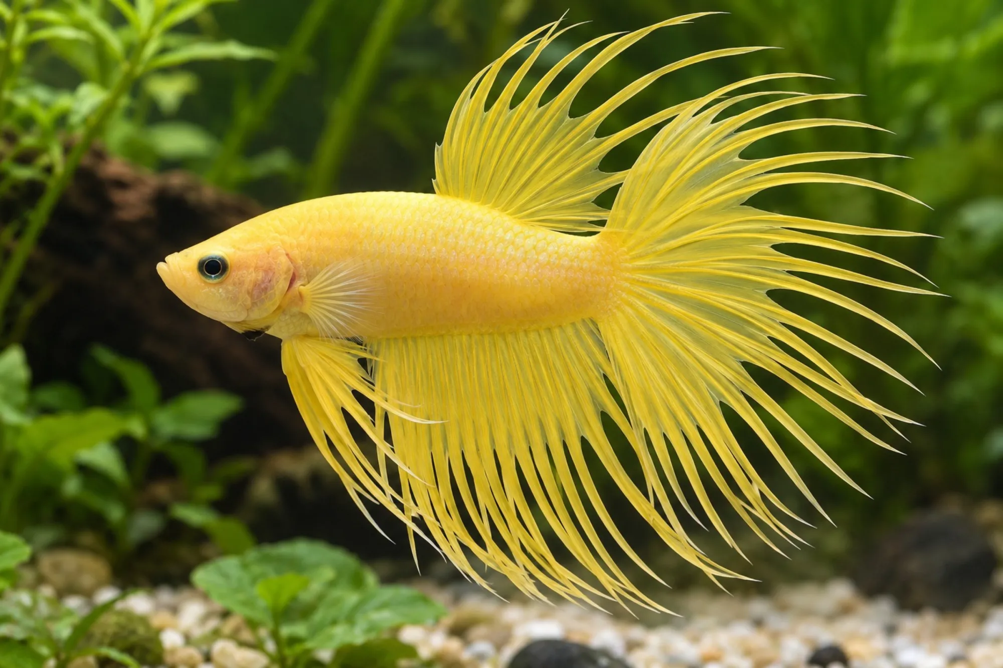 Gelber Crowntail-Kampffisch, Männchen, Betta splendens