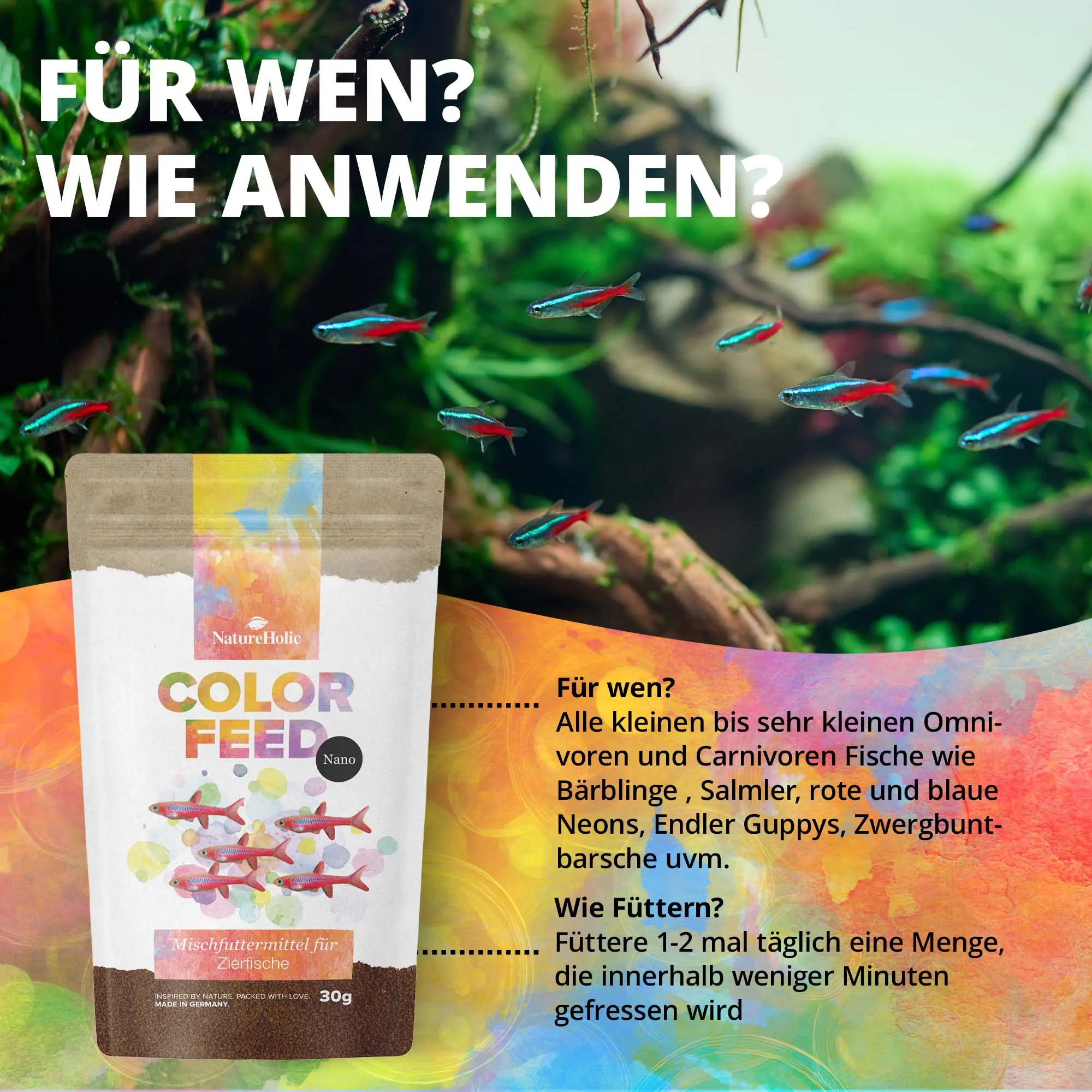 Color Feed Nano Beutel vor Aquarium mit Neonfischen