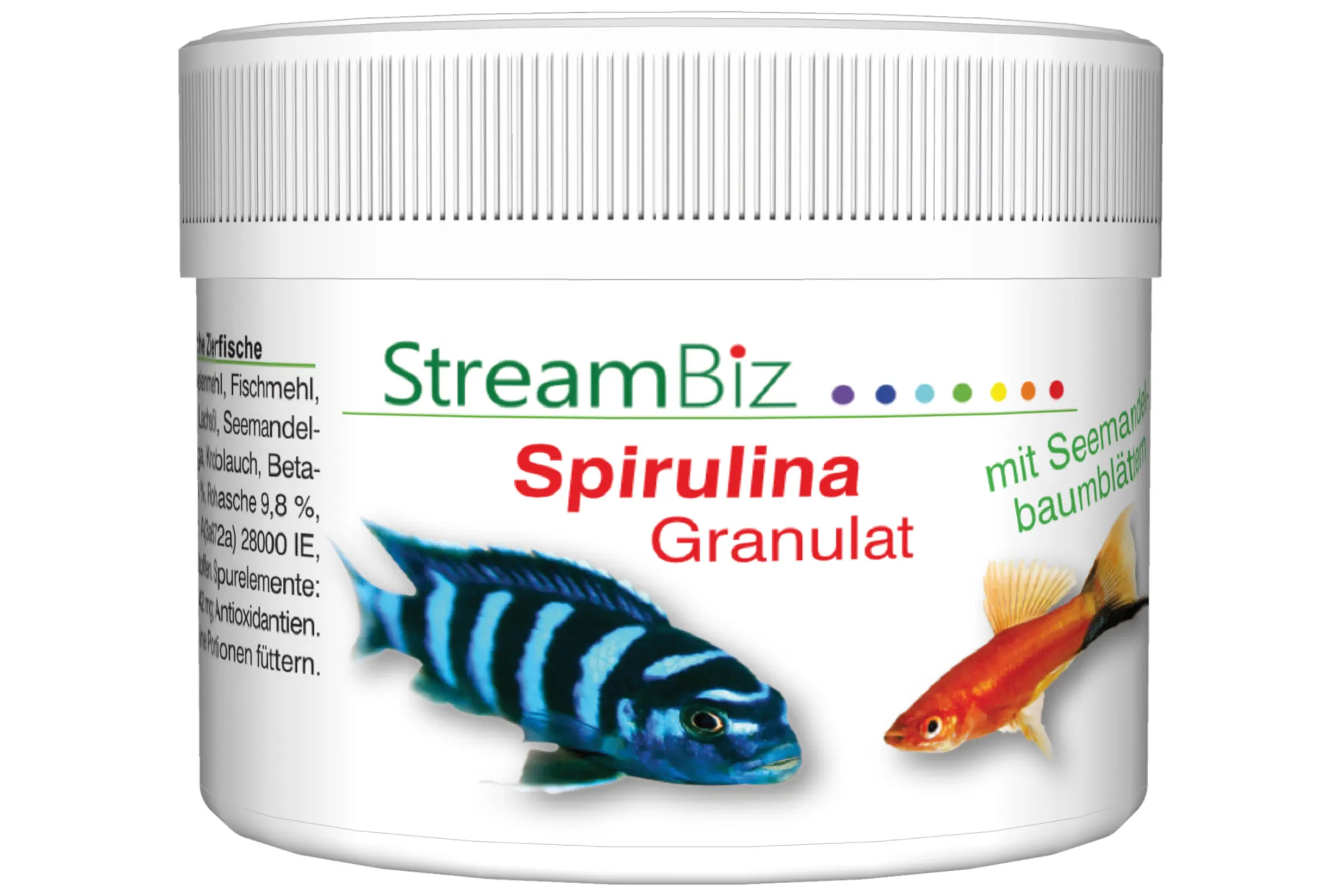 Weiße Kunststoffdose mit Schraubdeckel: StreamBiz Spirulina Granulat Fischfutter. Etikett zeigt Markenlogo, rote Produktbezeichnung und Bilder eines blau-schwarzen Cichliden sowie eines gold-roten Zierfischs.