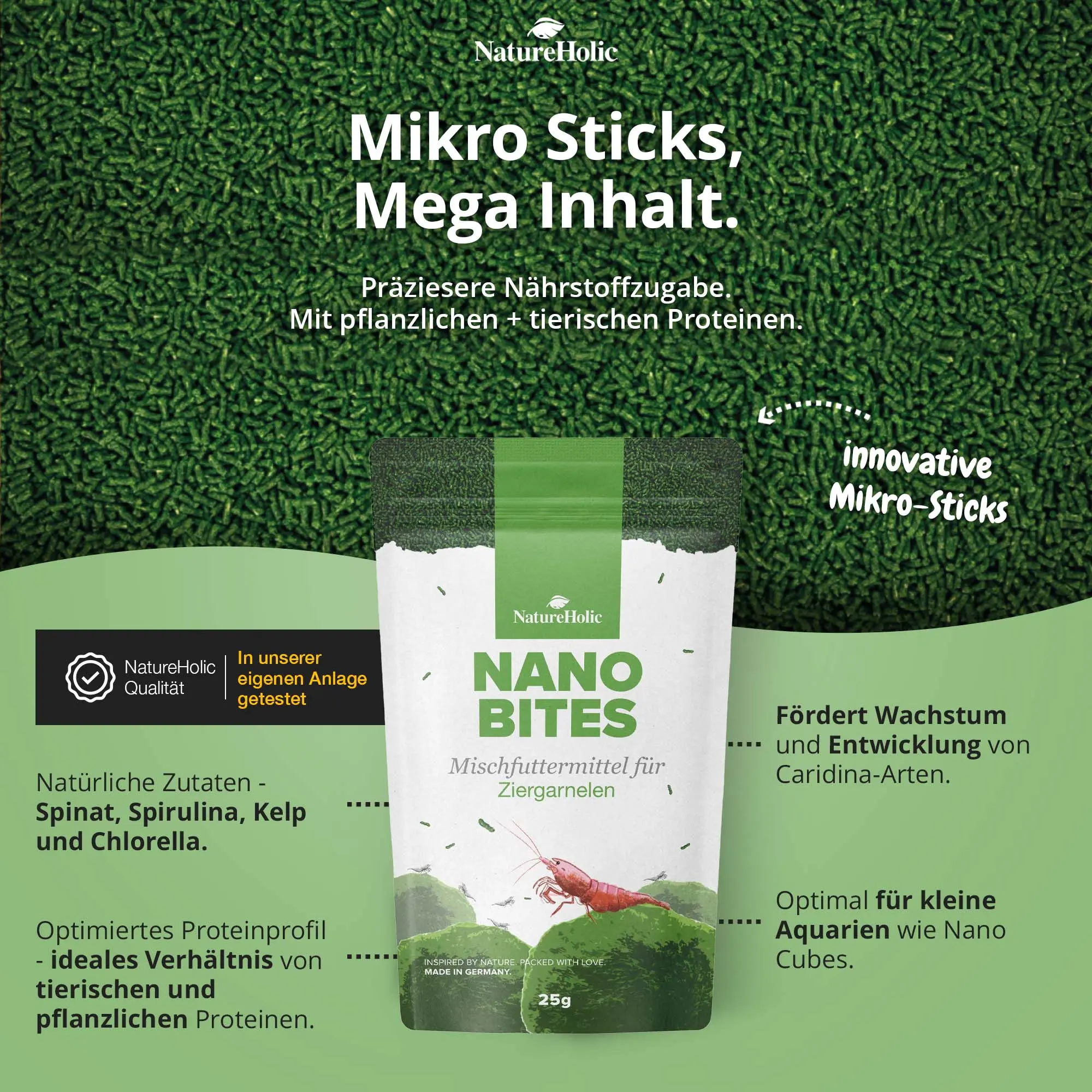 Packung Nano Bites Garnelenfutter, Mikro-Sticks, 25g