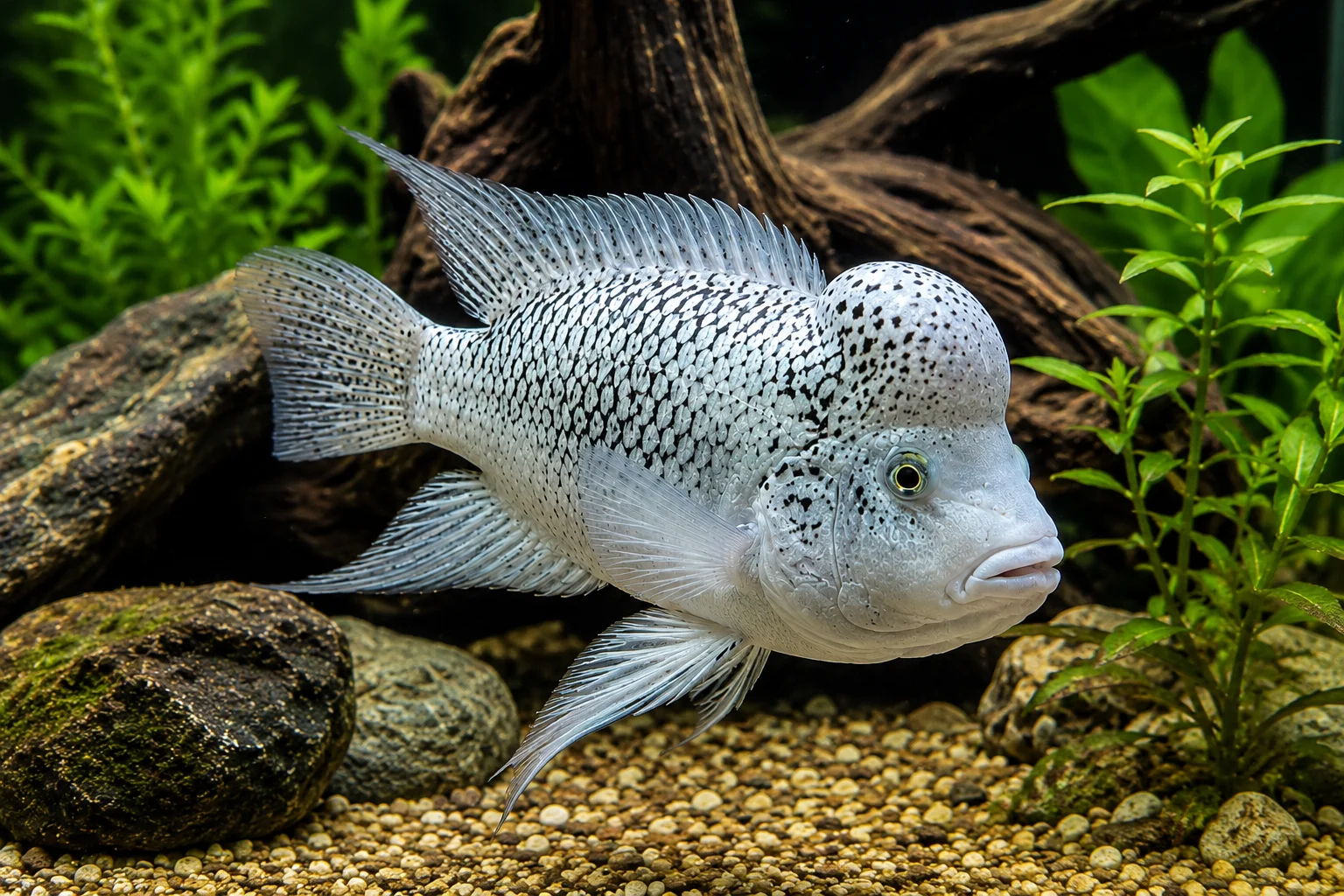 Haitibuntbarsch Nandopsis haitiensis im Aquarium vor Wurzel und Pflanzen, weiß-graues Fleckenmuster und ausgeprägte Stirnbeule, zeigt typisches Erscheinungsbild; geeignet für große, gut strukturierte Becken.