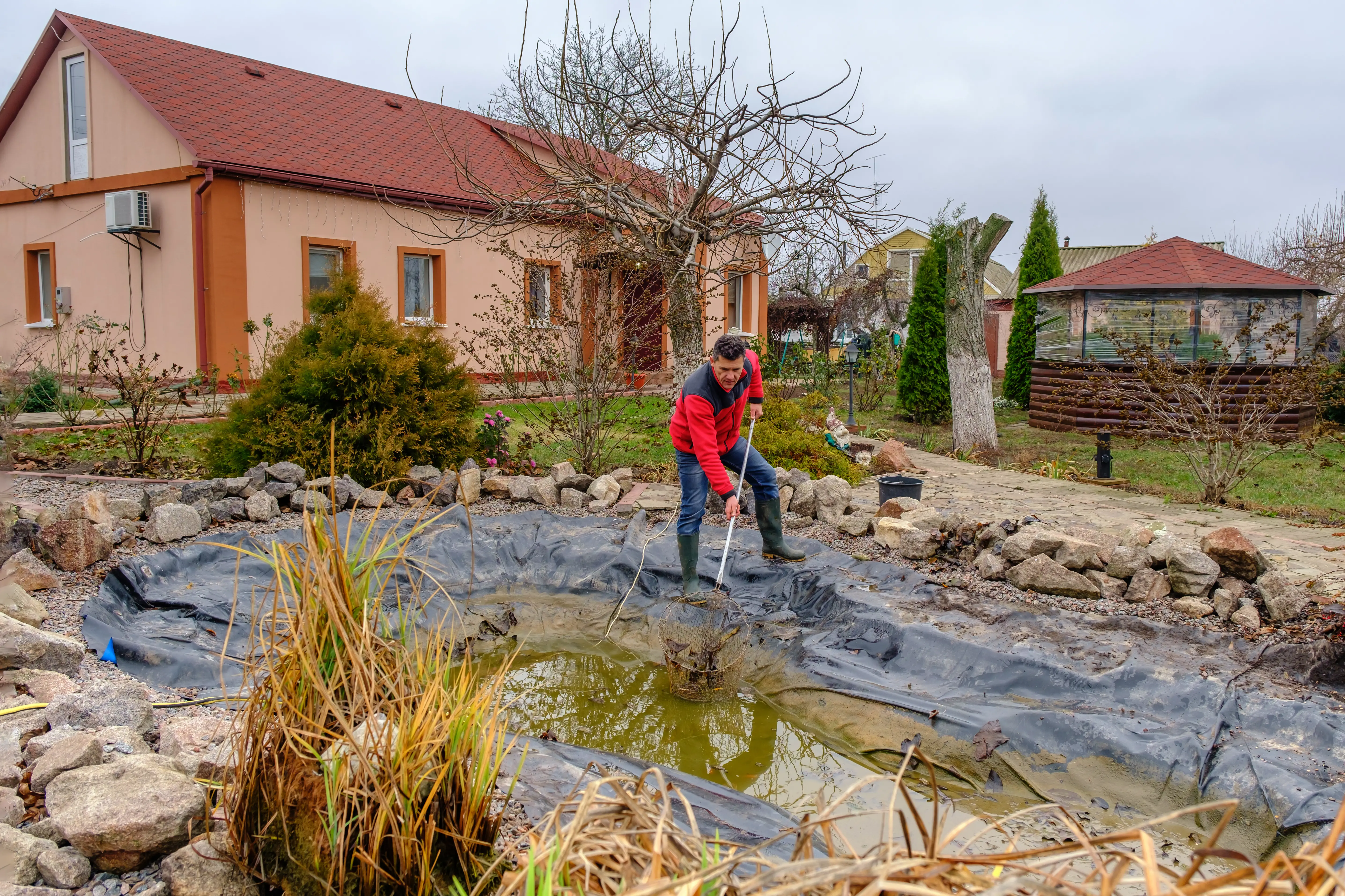 Gärtner reinigt herbstlichen Gartenteich mit Netzkescher und Gummistiefeln, Teichfolie, Steine und Haus im Hintergrund
