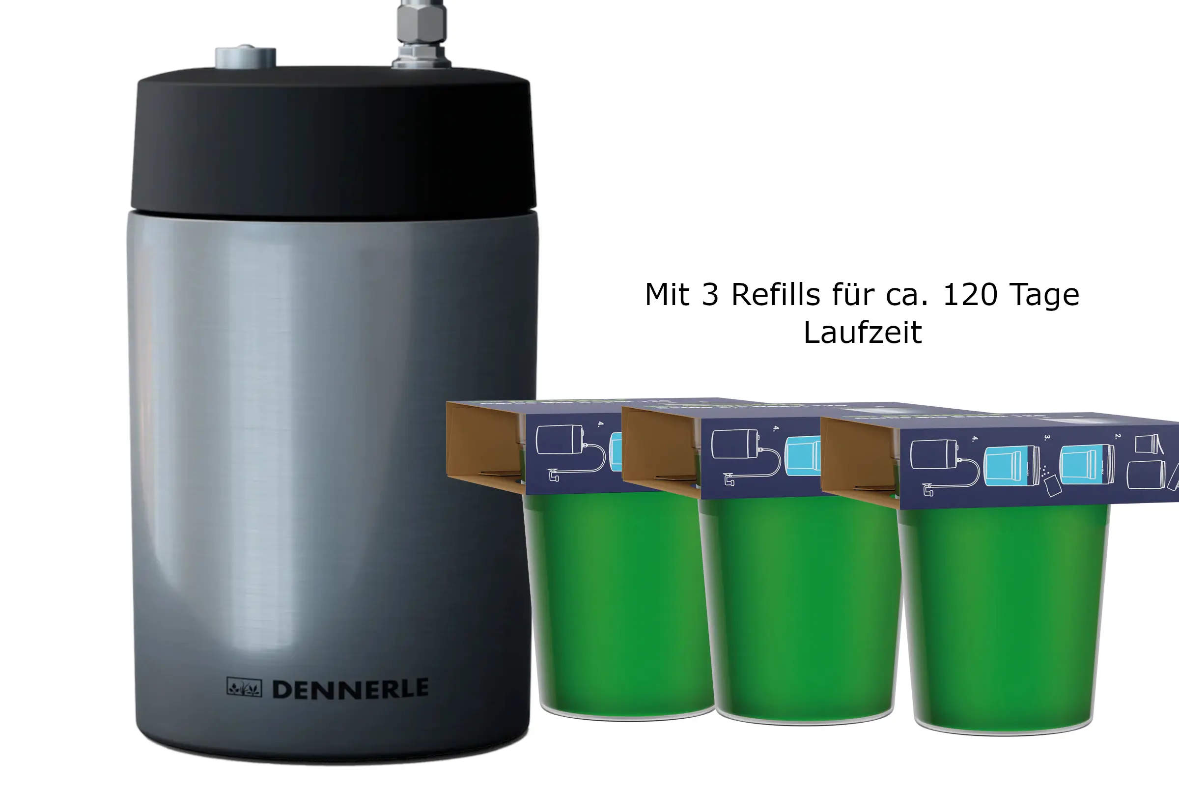 Silberner Dennerle CO2-Diffusor mit drei grünen Refills