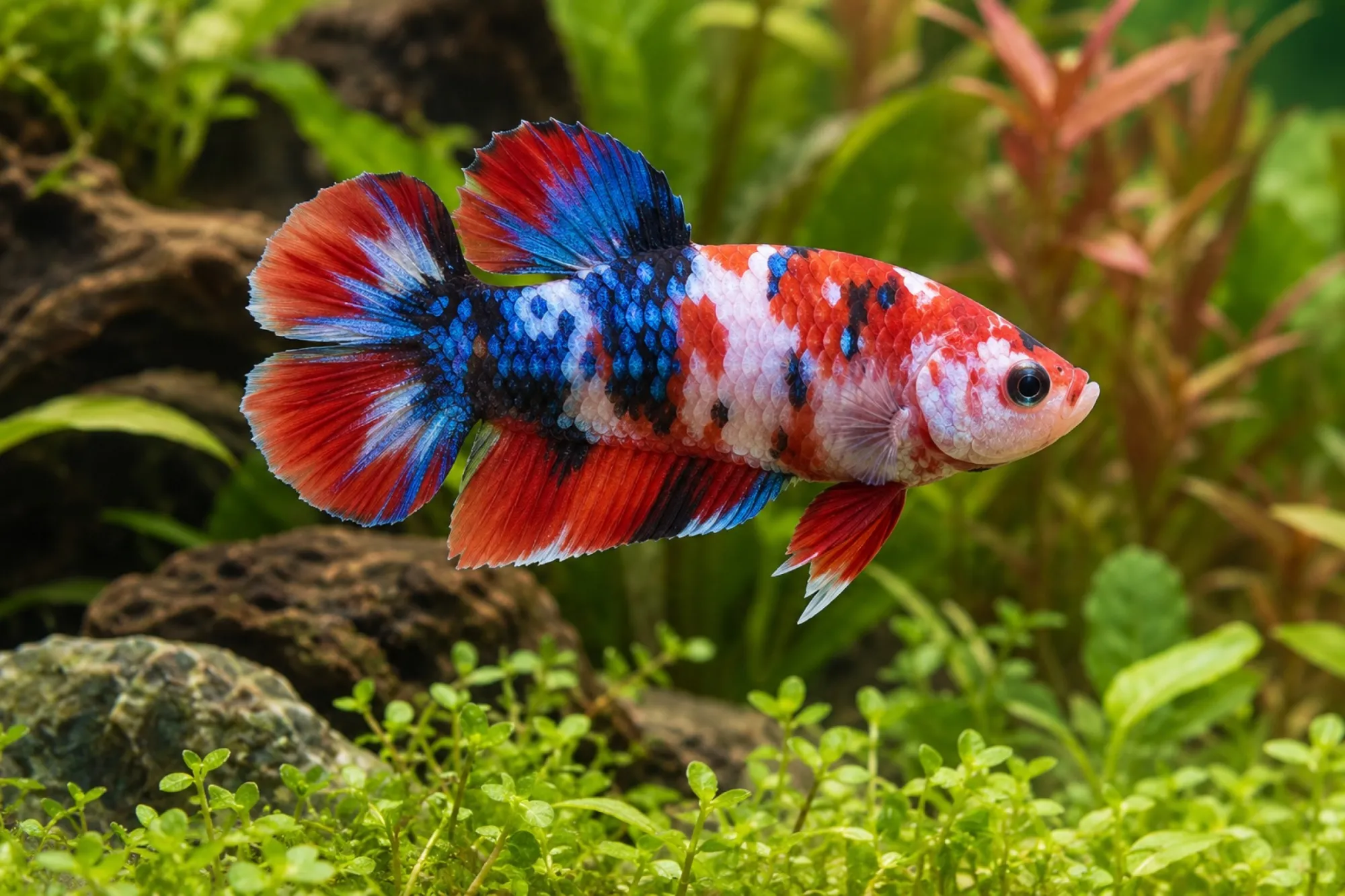 Plakat-Doubletail-Kampffisch im Farbmix, Männchen, Betta splendens