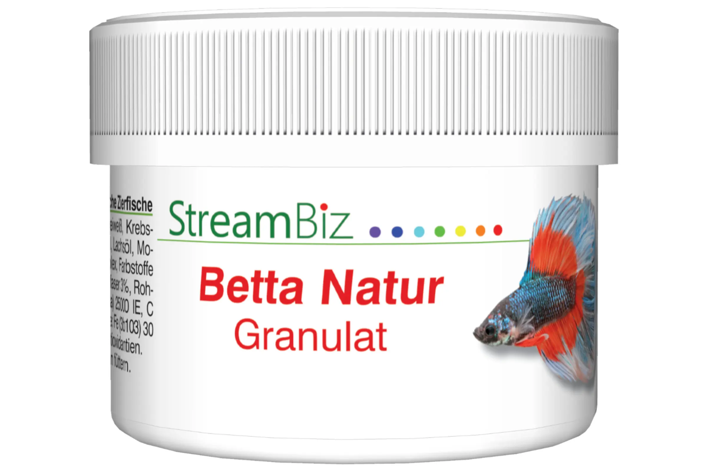 StreamBiz Betta Natur Granulat – weißer Kunststoffbecher mit Schraubdeckel und Etikett, Fischfutter für Kampffische, abgebildeter bunter Siamesischer Kampffisch