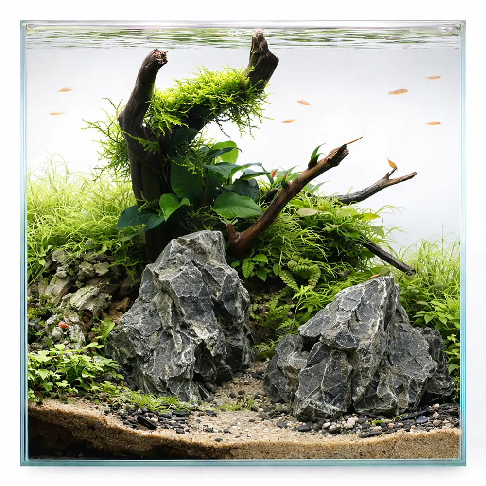 Zwei Hobby Thunder Stone 2 Natursteine (2,5–3,5 kg) im Aquarium/Terrarium: graue, flächig gebrochene, zerklüftete Felsen mit Kanten, stapelbar und mit Rückzugsflächen für Fische, Garnelen und Reptilien