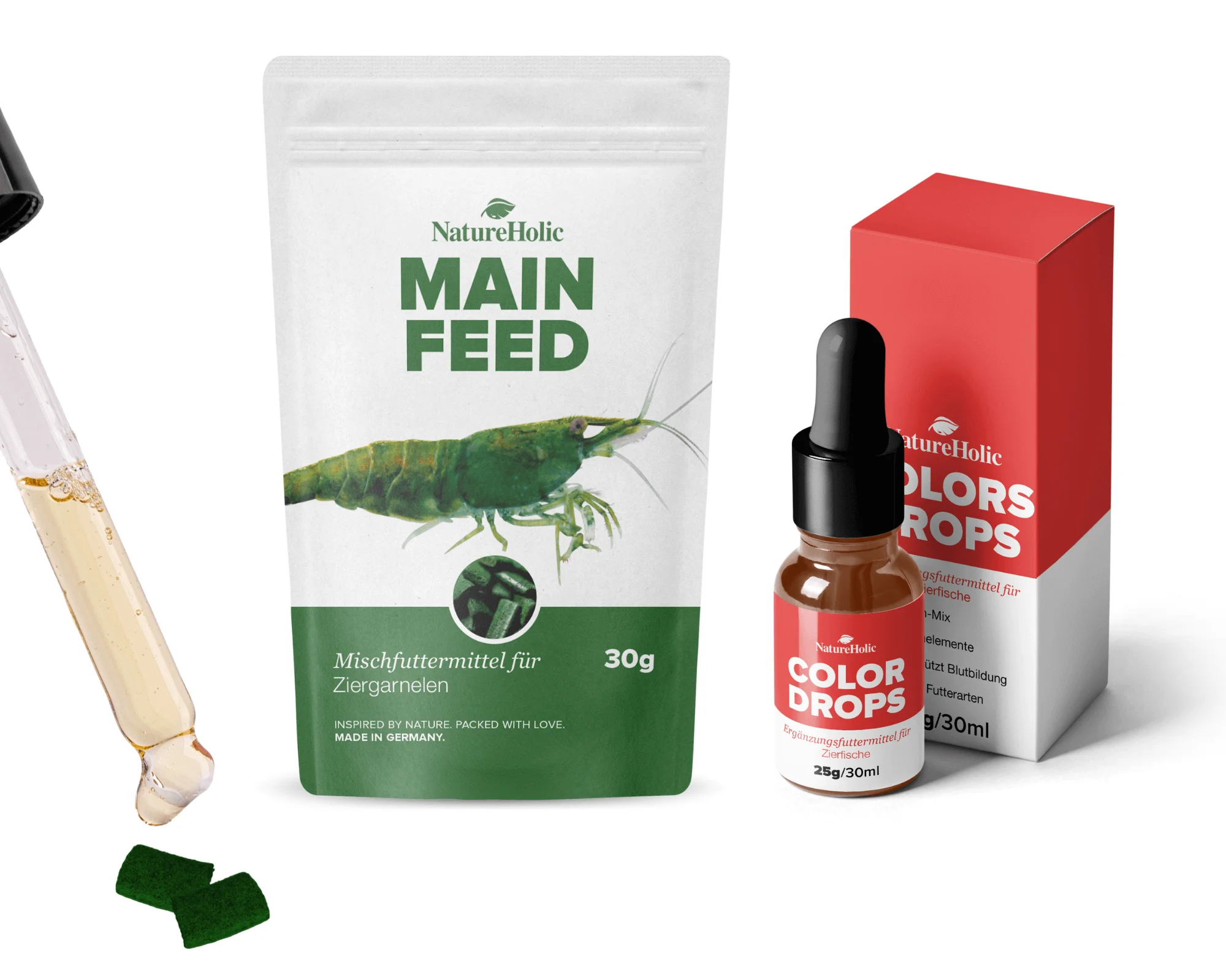 NatureHolic Garnelenfutter Set - Mainfeed & Color Drops, Hauptfutter & Farbstärkung