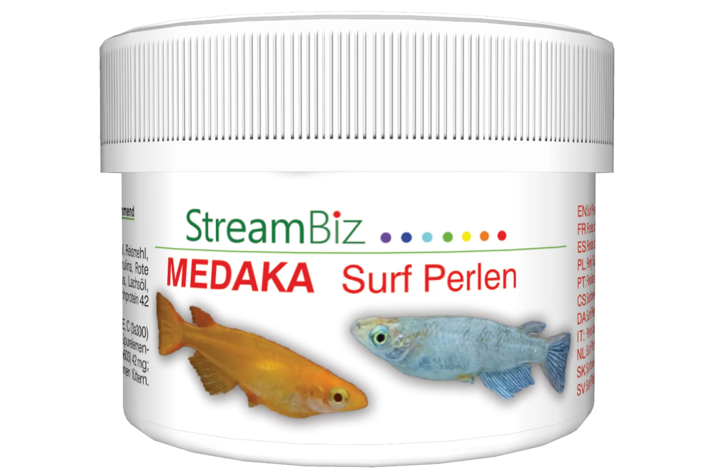 StreamBiz MEDAKA Surf Perlen – weiße Futterdose mit Schraubdeckel, Etikett mit Logo und farbigen Punkten sowie Abbildungen zweier Medaka-Zierfische (gold und blau) für Aquarien