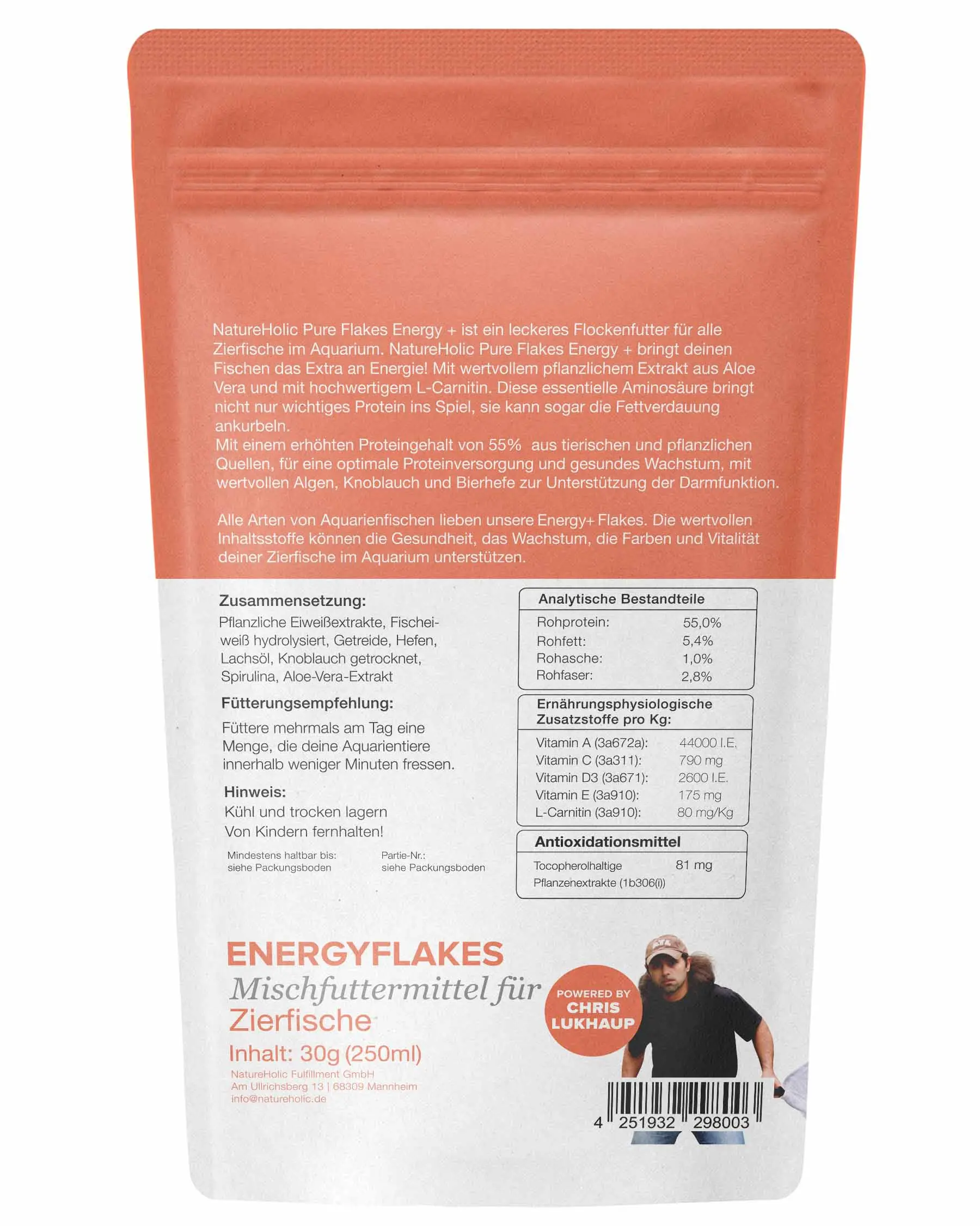 Rückseite der Verpackung von NatureHolic EnergyFlakes Zierfischfutter, zeigt Produktbeschreibung, Zusammensetzung, analytische Bestandteile, Fütterungsempfehlung, Inhaltsangabe 30g (250ml) und Barcode