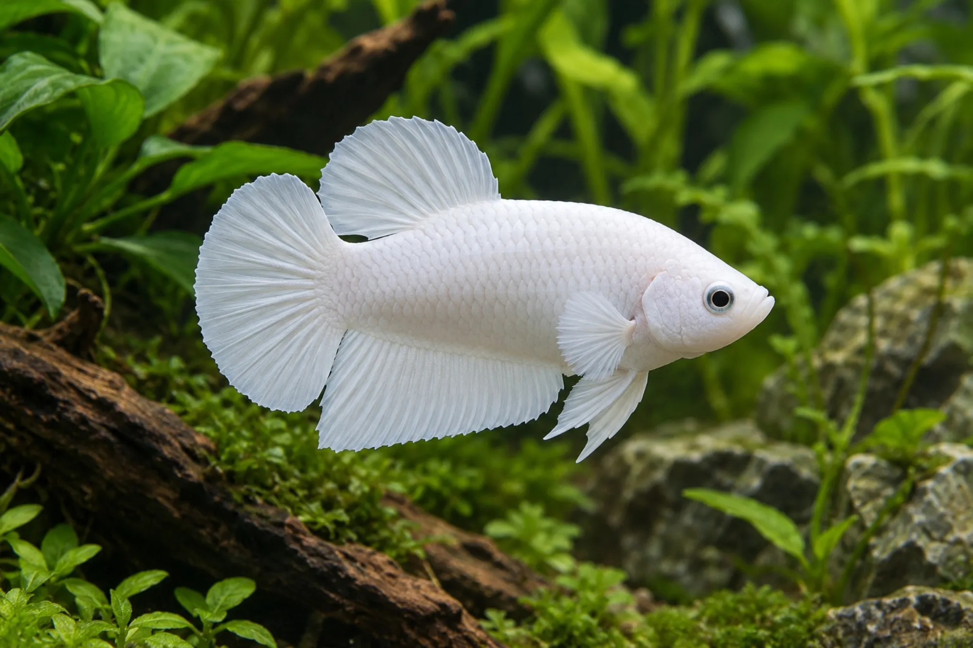 Siamesischer Kampffisch „Plakat White Opaque“, Männchen, Betta splendens