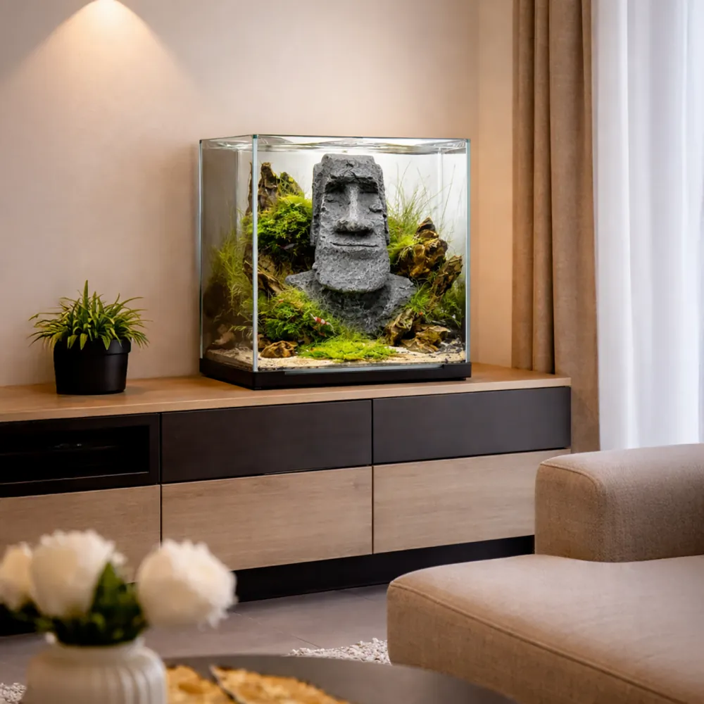 Würfelförmiges Glas-Aquarium mit Moai-Skulptur, grünen Moosen und Wasserpflanzen, dekorativ auf Sideboard neben Couch und Zimmerpflanze