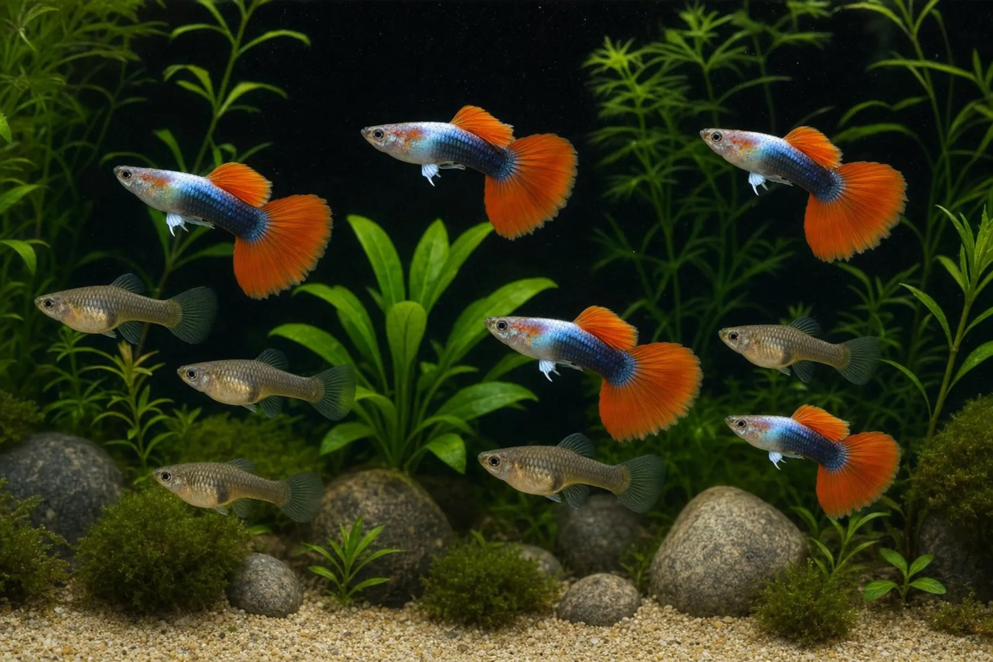 Guppy „Red Neon“, Set 5 Männchen + 5 Weibchen, Poecilia reticulata