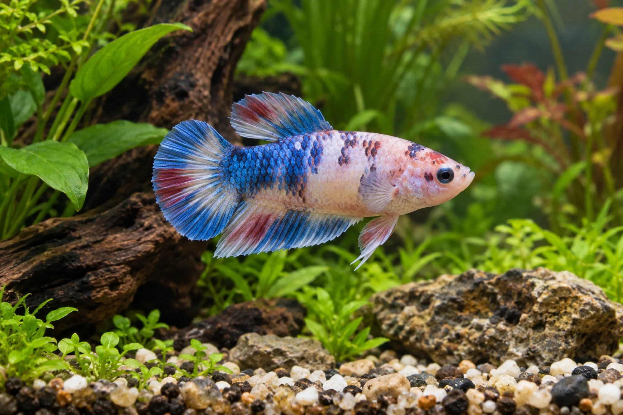 Halfmoon-Kampffisch-Weibchen im Farbmix, Betta splendens