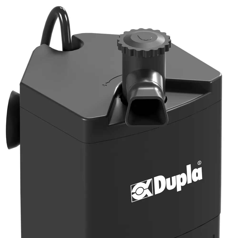 Nahaufnahme eines schwarzen Dupla Aquarienlufthebers mit verstellbarem Drehknopf und rechteckiger Auslassöffnung, Produktdetail