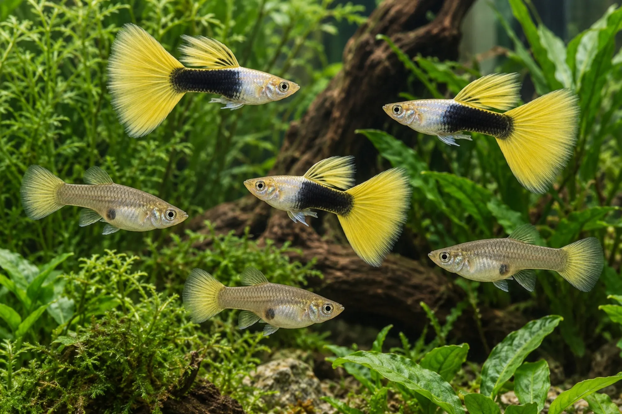 Guppy „Yellow Tuxedo“, Set 5 Männchen + 5 Weibchen, Poecilia reticulata