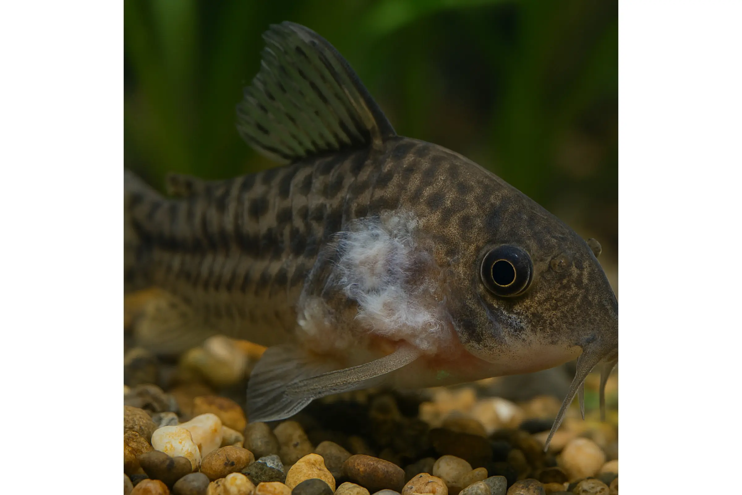 Nahaufnahme eines Panzerwelses (Corydoras) auf Kies